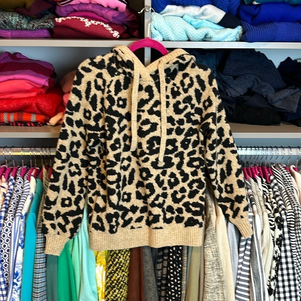 Loft 3% wool tan/black hooded cheetah print fuzzy sweater size XS